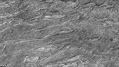 Crommelin crater showing layers arranged in the shape of ovals, as seen by CTX camera.  Note: this is an enlargement of a previous image of Crommelin crater.