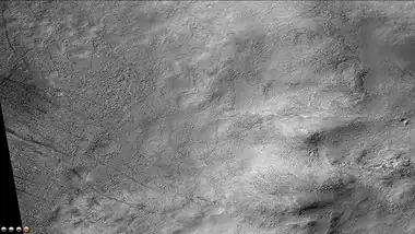 Floor of Halley Crater, as seen by CTX camera (on Mars Reconnaissance Orbiter).  Thin dark lines are dust devil tracks.  Note: this is an enlargement of the previous image of Halley Crater.
