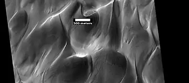 Dunes and dust devil tracks in Hooke Crater, as seen by HiRISE.  There are also gullies just visible.