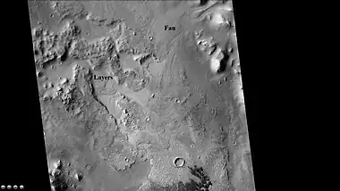 Fan, layers, and dunes on the floor of Jones Crater, as seen by CTX camera (on Mars Reconnaissance Orbiter).  Note: this is an enlargement of the previous image of Jones Crater.