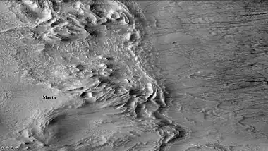 Redi Crater, showing dust devil tracks and mantle, as seen by CTX camera (on Mars Reconnaissance Orbiter).  Note: this is an enlargement of the previous image of Redi Crater.