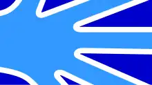 flag design consisting of six white monolinear curves (two curved, four angular) that separate an inner light blue region from a dark blue marginal region; overall the design resembles the five fingers of a hand
