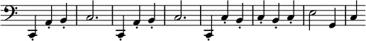 \relative c, { \clef bass \time 3/4 \override Score.TimeSignature #'stencil = ##f
c4-. a'-. b-. c2. c,4-. a'-. b-. c2. c,4-. c'-. b-. c-. b-. c-. e2 g,4 c4 }