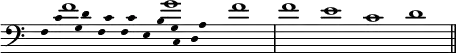 { \override Score.TimeSignature #'stencil = ##f \clef bass << \new Voice \relative d' { \cadenzaOn f1 g f \bar "|" f e c d \bar "||" }
\new Voice \relative c' { \cadenzaOn \override Stem #'transparent = ##t \tiny c4 d c c b g a }
\new Voice { \cadenzaOn \override Stem #'transparent = ##t \tiny f g f f e c d } >> }
