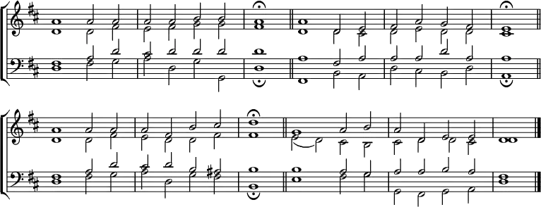 \new ChoirStaff <<
\new Staff { \clef treble \time 4/2 \key d \major \set Staff.midiInstrument = "church organ" \omit Staff.TimeSignature \set Score.tempoHideNote = ##t \override Score.BarNumber #'transparent = ##t
\relative c''
<< { a1 a2 a | a a b b | \time 2/2 a1 \fermata \bar"||"
\time 4/2 a d,2 e | fis a g fis | \time 2/2 e1 \fermata \bar"||" \break
\time 4/2 a a2 a | a fis b cis | \time 2/2 d1 \fermata \bar"||"
\time 4/2 g, a2 b | a d, e e | d1 \bar"|." } \\
{ d1 d2 fis | e fis g g | fis1 | d d2 cis | d e d d | cis1
d d2 fis | e d d fis | fis1 | e2( d) cis b | cis d d cis | d1 } >>
}
\new Staff { \clef bass \key d \major \set Staff.midiInstrument = "church organ" \omit Staff.TimeSignature
\relative c
<< { fis1 a2 d | cis d d d | d1 | a fis2 a | a a d a | a1
fis a2 d | cis d b ais | b1 | b a2 g | a a b a | fis1 } \\
{ d1 fis2 g | a d, g g, | d'1 \fermata | fis, b2 a | d cis b d | a1 \fermata
d fis2 g | a d, g fis | b,1 \fermata | e fis2 g | g, fis g a | d1} >>
}
>>
\layout { indent = #0 }
\midi { \tempo 2 = 76 }