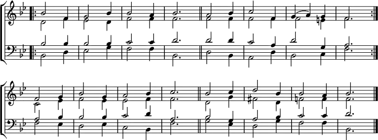\new ChoirStaff <<
\new Staff { \clef treble \time 3/4 \key bes \major \set Staff.midiInstrument = "church organ" \omit Staff.TimeSignature \set Score.tempoHideNote = ##t \override Score.BarNumber #'transparent = ##t
\relative c''
<< { \bar".|:" bes2 f4 | g2 bes4 | 2 a4 | bes2. \bar"||"
a2 bes4 | c2 f,4 | g( a) g | f2. \bar":|." \break
f2 g4 | bes2 g4 | a2 bes4 | c2. \bar"||"
bes2 c4 | d2 bes4 | 2 a4 | bes2. \bar"|." } \\
{ d,2 f4 | es2 d4 | f2 4 | 2. | 2 4 | 2 4 | 2 e4 | f2.
c2 es4 | f2 es4 | 2 f4 | 2. | d2 g4 | fis2 d4 | f!2 4 | 2. } >>
}
\new Staff { \clef bass \key bes \major \set Staff.midiInstrument = "church organ" \omit Staff.TimeSignature \override Staff.NoteHead.style = #'altdefault
\relative c'
<< { bes2 4 | 2 4 | c2 4 | d2. | 2 4 | c2 a4 | d2 g,4 | a2.
a2 bes4 | 2 4 | c2 d4 | a2. | bes2 g4 | a2 bes4 | c2 4 | d2. } \\
{ bes,2 d4 | es2 g4 | f2 4 | bes,2. | d2 bes4 | a2 d4 | bes2 c4 | f2.
f2 es4 | d2 es4 | c2 bes4 | f'2. | g2 es4 | d2 g4 | f2 4 | bes,2. } >>
}
>>
\layout { indent = #0 }
\midi { \tempo 4 = 120 }