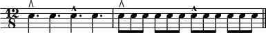 { \time 12/8 \override Score.Clef #'stencil = ##f \clef bass
e4.^\rtoe e e^^ e | e8^\rtoe e e e e e e^^ e e e e e \bar "||" }