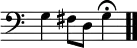 \relative c { \override Score.TimeSignature #'stencil = ##f \time 3/4 \clef bass g'4 fis8 d g4\fermata \bar ".." }