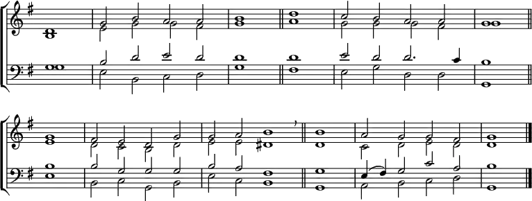 \new ChoirStaff <<
\new Staff { \clef treble \time 4/2 \key g \major \partial 1 \set Staff.midiInstrument = "church organ" \omit Staff.TimeSignature \set Score.tempoHideNote = ##t \override Score.BarNumber #'transparent = ##t
\relative c'
<< { d1 | g2 b a a | b1 \bar"||" d | c2 b a a | g1 \bar"||" \break
g | fis2 e d g | g a b1 \bar"||" \breathe \time 2/2 b | \time 4/2 a2 g g fis | g1 \bar"|." } \\
{ b,1 | e2 g g fis | g1 a | g2 g g fis | g1
e | d2 c b d | e e dis1 | d | c2 d e d | d1 } >>
}
\new Staff { \clef bass \key g \major \set Staff.midiInstrument = "church organ" \omit Staff.TimeSignature
\relative c'
<< { g1 | b2 d e d | d1 d | e2 d d2. c4 | b1
b | b2 g g g | b a fis1 | g | e4( fis) g2 c a | b1 } \\
{ g1 | e2 b c d | g1 fis | e2 g d d g,1
e' | b2 c g b | e c b1 | g | a2 b c d | g,1 } >>
}
>>
\layout { indent = #0 }
\midi { \tempo 2 = 69 }