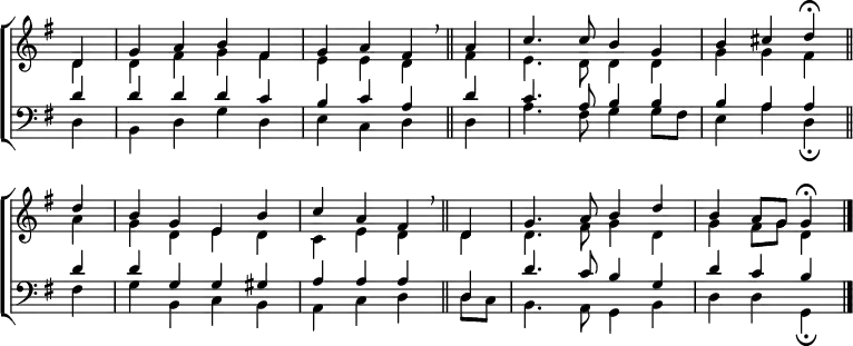 \new ChoirStaff <<
\new Staff { \clef treble \time 4/4 \key g \major \partial 4 \set Staff.midiInstrument = "church organ" \omit Staff.TimeSignature \set Score.tempoHideNote = ##t \override Score.BarNumber #'transparent = ##t
\relative c'
<< { d4 | g a b fis | g a fis \breathe \bar"||"
a | c4. 8 b4 g | b cis d \fermata \bar"||" \break
d | b g e b' | c a fis \breathe \bar"||"
d | g4. a8 b4 d | b a8 g g4 \fermata \bar"|." } \\
{ d4 | d fis g fis | e e d fis | e4. d8 4 4 | g g fis
a | g d e d | c e d d | d4. fis8 g4 d | g fis8 g d4 } >>
}
\new Staff { \clef bass \key g \major \set Staff.midiInstrument = "church organ" \omit Staff.TimeSignature
\relative c'
<< { d4 | d d d c | b c a d | c4. a8 b4 b | b a a
d | d g, g gis | a a a d, | d'4. c8 b4 g | d' c b } \\
{ d,4 | b d g d | e c d d | a'4. fis8 g4 8 fis | e4 a d, \fermata
fis | g b, c b | a c d d8 c | b4. a8 g4 b | d d g, \fermata } >>
}
>>
\layout { indent = #0 }
\midi { \tempo 4 = 104 }