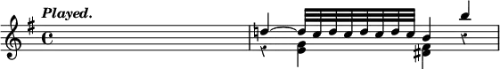 { \new Staff << \tempo \markup \italic "Played." \key e \minor \time 4/4 \override Score.Rest #'style = #'classical
\new Voice \relative d'' { \stemUp
s1 | d!4 ^~ d32 c d c d c d c b4 b' }
\new Voice \relative g' { \stemDown
s4 s s s | r4 <g e> <fis dis> r } >> }
