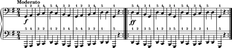 \new PianoStaff << \override Score.BarNumber #'transparent = ##t \relative c
\new Staff { \clef bass \time 2/4 \key g \major \tempo Moderato
g4-1\f a-2 | b-3 c-4 | d-5 c-4 | b-3 a-2 | g-1 a-2 |b-3 c-4 | d-5 d | g,-1 r \bar ":|.|:" d'4-5\ff c-4 | b-3 g-1 |d'-5 c-4 | b-3 g-1 | d'-5 c-4 | b-3 c-4 | d-5 d | g,-1 r \bar ":|."}
\new Staff { \clef bass \key g \major
g,,4-5 a,,-4 | b,,-3 c,-2 | d,-1 c,-2 | b,,-3 a,,-4 | g,,-5 a,,-4 | b,,-3 c,-2 | d,-1 d, | g,,-5 r | d,-1 c,-2 | b,,-3 g,,-5 | d,-1 c,-2 | b,,-3 g,,-5 | d,-1 c,-2 | b,,-3 c,-2 | d,-1 d, | g,,-5 r}
>>
