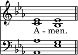 << <<
\new Staff { \clef treble \time 4/2 \key es \major \set Staff.midiInstrument = "church organ" \omit Staff.TimeSignature
\relative c' {
<< { es1 es \bar"||" } \\ { c bes } >> }
}
\new Lyrics \lyricmode {
A -- men.
}
\new Staff { \clef bass \key es \major \set Staff.midiInstrument = "church organ" \omit Staff.TimeSignature
\relative c' {
<< { aes1 g } \\ { aes,1 es' } >> }
}
>> >>
\layout { indent = #0 }
\midi { \tempo 4 = 88 }