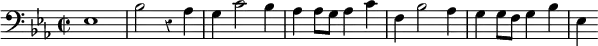 \relative e { \override Score.Rest #'style = #'classical \clef bass \key ees \major \time 2/2 ees1 | bes'2 r4 aes | g c2 bes4 | aes aes8 g aes4 c | f, bes2 aes4 | g g8 f g4 bes | ees, }