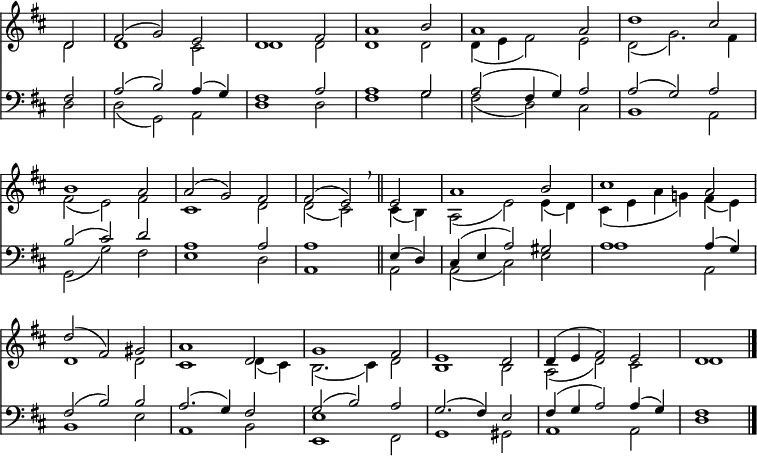 << <<
\new Staff { \clef treble \time 3/2 \partial 2 \key d \major \set Staff.midiInstrument = "flute" \omit Staff.TimeSignature \set Score.tempoHideNote = ##t \override Score.BarNumber #'transparent = ##t
\relative c'
<< { d2 | fis( g) e | d1 fis2 | a1 b2 | a1 a2 | d1 cis2 | \break
b1 a2 | a( g) fis | fis( e) \breathe \bar"||" e | a1 b2 | cis1 a2 |
d( fis,) gis | a1 d,2 | g1 fis2 | e1 d2 | d4( e fis2) e | d1 \bar"|." } \\
{ d2 | d1 cis2 | d1 d2 | d1 d2 | d4( e fis2) e | d( g2.) fis4 |
fis2( e) fis | cis1 d2 | d( cis) cis4( b) | a2( e') e4( d) | cis( e a g!) fis( e) |
d1 d2 | cis1 d4( cis) | b2.( cis4) d2 | b1 b2 | a( d) cis | d1 } >>
}
\new Staff { \clef bass \key d \major \set Staff.midiInstrument = "flute" \omit Staff.TimeSignature
\relative c
<< { fis2 | a( b) a4( g) | fis1 a2 | a1 g2 | a( fis4 g) a2 | a( g) a |
b( cis) d | a1 a2 | a1 e4( d) | cis( e a2) gis | a1 a4( g) |
fis2( b) b | a2.( g4) fis2 | g( b) a | g2.( fis4) e2 | fis4( g a2) a4( g) | fis1 } \\
{ d2 | d( g,) a | d1 d2 | fis1 g2 | fis( d) cis | b1 a2 |
g( g') fis | e1 d2 | a1 a2 | a( cis) e | a1 a,2 |
b1 e2 | a,1 b2 | <e e,>1 fis,2 | g1 gis2 | a1 a2 | d1 } >>
}
>> >>
\layout { indent = #0 }
\midi { \tempo 2 = 63 }