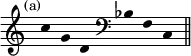{ \override Score.TimeSignature #'stencil = ##f \override Score.Stem #'stencil = ##f \time 6/4 \mark \markup \small "(a)"
c''4 g' d' \clef bass bes f c \bar "||" }