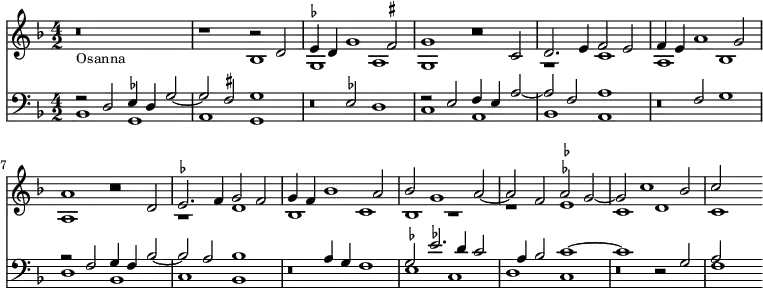 << \time 4/2
\new Staff { \key f \major << \new Voice { \relative d' { \stemUp
r\breve | r1 r2 d | \set suggestAccidentals = ##t ees4 d g1 fis2 |
g1 r2 c, | d2. e4 f2 e | f4 e a1 g2 |
a1 r2 d, | ees2. f4 g2 f | g4 f \set suggestAccidentals = ##f bes1 a2 |
bes2 g1 a2 ~ | a f \once \set suggestAccidentals = ##t aes2 g ~ | g c1 bes2 | c } }
\new Voice { \relative b {
r\breve_\markup { \smaller Osanna } | r1 bes | g a |
g r | r c | a bes |
a r | r d | bes c |
bes r | r \once \set suggestAccidentals = ##t ees | c d | c } }
>> }
\new Staff { \clef bass \key f \major << \new Voice { \stemUp
\set suggestAccidentals = ##t r2 d ees4 d g2 ~ | g fis g1 | s2 ees d1 |
r2 e f4 e a2 ~ | a f a1 | s2 f g1 |
\set suggestAccidentals = ##f r2 f g4 f bes2 ~ | bes a bes1 | s2 a4 g f1 |
g2 \once \set suggestAccidentals = ##t ees'2. d'4 c'2 | s4 a bes2 c'1 ~ | c' r2 g | a }
\new Voice { \relative b, { \stemDown
bes1 g | a g | r\breve |
c1 a | bes a | r\breve |
d1 bes | c bes | r\breve |
\once \set suggestAccidentals = ##t ees1 c | d c | r\breve | f1 } } >> }
>>