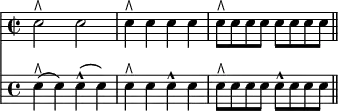 { << \new Staff { \override Score.Clef #'stencil = ##f \time 4/4 \set Staff.timeSignatureFraction = 2/2 \clef bass
e2^\rtoe e | e4^\rtoe e e e | e8^\rtoe e e e e e e e \bar "||" }
\new Staff { \time 4/4 \clef bass
e4(^\rtoe e) e(^^ e) | e^\rtoe e e^^ e | e8^\rtoe e e e e^^ e e e } >> }
