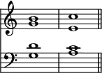 { \override Score.TimeSignature #'stencil = ##f \time 4/4 << { <b' g'>1 <c'' e'> \bar "||" } \new Staff { \clef bass <d' g>1 <c' a> | } >> }