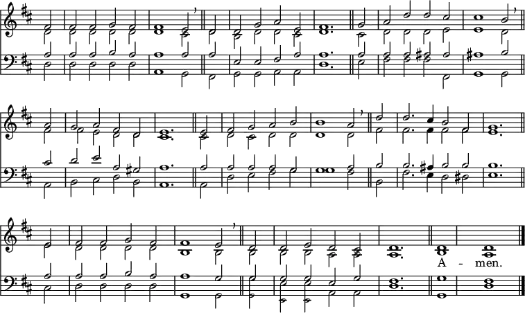 << <<
\new Staff { \clef treble \time 4/2 \key d \major \partial 2 \set Staff.midiInstrument = "church organ" \omit Staff.TimeSignature \set Score.tempoHideNote = ##t \override Score.BarNumber #'transparent = ##t
\relative c'
<< { fis2 | 2 2 g fis | fis1 e2 \breathe \bar"||"
d | d g a e | fis1. \bar"||"
g2 | a d d cis | cis1 b2 \breathe \bar"||" \break
a | g a fis d | e1. \bar"||"
e2 | fis g a b | b1 a2 \breathe \bar"||"
d | d2. cis4 b2 fis | g1. \bar"||" \break
e2 | fis fis g fis | fis1 e2 \breathe \bar"||"
d | d e d cis d1. \bar"||" d1 d \bar"|." } \\
{ d2 | d d d d | d1 cis2 d | b d d cis | d1. cis2 | d d d e | e1 d2
fis2 | 2 e d d | cis1. 2 | d cis d d | d1 2 fis | fis2. 4 2 2 | e1.
e2 | d d d d | b1 2 2 | 2 2 a a | a1. | b1 a } >>
}
\addlyrics { _ _ _ _ _ _ _ _ _ _ _ _ _ _ _ _
_ _ _ _ _ _ _ _ _ _ _ _ _ _ _ _
_ _ _ _ _ _ _ _ _ _ _ _ _ _ _ _ _ _ _ _ A -- men. }
\new Staff { \clef bass \key d \major \set Staff.midiInstrument = "church organ" \omit Staff.TimeSignature
\relative c'
<< { a2 | a a b a | a1 2 2 | e e fis a | a1. 2 | 2 2 ais ais | ais1 b2
cis | d e a, gis | a1. 2 | 2 2 2 g | g1 a2 b | b2. ais4 b2 b | b1.
a2 a a b a | a1 g2 g | g g e g | fis1. | g1 fis } \\
{ d2 | d d d d | a1 g2 fis | g g a a | d1. e2 | fis fis fis fis, | g1 g2
a | b cis d b | a1. 2 | d e fis g | g1 fis2 b, | fis'2. e4 d2 dis | e1.
cis2 | d d d d | g,1 2 g' | e e a, a | d1. | g,1 d' } \\
\tiny \stemDown \shiftOff { s2 | s1 s | s s | s s | s s | s s | s s
s s | s s | s s | s s | s s | s s
s s | s s2 g, | e e } >>
}
>> >>
\layout { indent = #0 }
\midi { \tempo 2 = 70 }