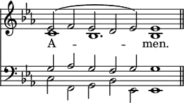 << <<
\new Staff { \clef treble \time 7/2 \key es \major \set Staff.midiInstrument = "church organ" \omit Staff.TimeSignature
\relative c' { << { es2( f es d es) es1 \bar"||" } \\ { c1 bes1. bes1 } >> }
}
\new Lyrics \lyricmode { A1 --1. men.1 }
\new Staff { \clef bass \key es \major \set Staff.midiInstrument = "church organ" \omit Staff.TimeSignature
\relative c' { << { g2 aes g f g g1 } \\ { c,2 f, g bes es, es1 } >> }
}
>> >>
\layout { indent = #0 }
\midi { \tempo 4 = 96 }