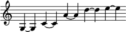 { \override Score.TimeSignature #'stencil = ##f \relative g { \cadenzaOn g4 ~ g c ~ c a' ~ a d ~ d e ~ e } }