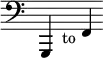{ \override Score.TimeSignature #'stencil = ##f \time 16/4 \clef bass g,,4 s1._"to" f,4 }