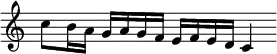 { \override Score.TimeSignature #'stencil = ##f \time 5/4
\relative c'' { c8 b16 a g a g f e f e d c4 } }