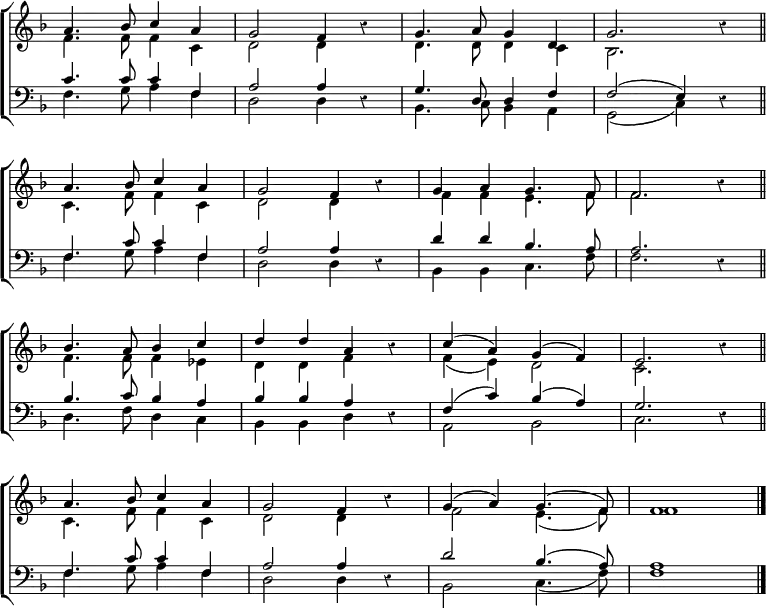 \new ChoirStaff <<
\new Staff \with {\consists "Merge_rests_engraver"} { \clef treble \time 4/4 \key f \major \set Staff.midiInstrument = "church organ" \omit Staff.TimeSignature \override Staff.Rest.style = #'classical \set Score.tempoHideNote = ##t \override Score.BarNumber #'transparent = ##t
\relative c''
<< { a4. bes8 c4 a | g2 f4 r | g4. a8 g4 d | g2. r4 \bar"||" \break
a4. bes8 c4 a | g2 f4 r | g4 a g4. f8 | f2. r4 \bar"||" \break
bes4. a8 bes4 c | d d a r | c( a) g( f) | e2. r4 \bar"||" \break
a4. bes8 c4 a | g2 f4 r | g( a) g4.( f8) | f1 \bar"|." } \\
{ f4. f8 f4 c | d2 d4 r | d4. d8 d4 c | bes2. r4 |
c4. f8 f4 c | d2 d4 r | f f e4. f8 | f2. r4 |
f4. f8 f4 es | d d f r | f( e) d2 | c2. r4 |
c4. f8 f4 c | d2 d4 r | f2 e4.( f8) | f1 } >>
}
\new Staff \with {\consists "Merge_rests_engraver"} { \clef bass \key f \major \override Staff.Rest.style = #'classical \set Staff.midiInstrument = "church organ" \omit Staff.TimeSignature
\relative c'
<< { c4. c8 c4 f, | a2 a4 r | g4. d8 d4 f | f2( e4) r |
f4. c'8 c4 f, | a2 a4 r | d d bes4. a8 | a2. r4 |
bes4. c8 bes4 a | bes bes a r | f( c') bes( a) | g2. r4 |
f4. c'8 c4 f, | a2 a4 r | d2 bes4.( a8) | a1 } \\
{ f4. g8 a4 f | d2 d4 r | bes4. c8 bes4 a | g2( c4) r |
f4. g8 a4 f | d2 d4 r | bes bes c4. f8 | f2. r4 |
d4. f8 d4 c | bes bes d r | a2 bes | c2. r4 |
f4. g8 a4 f | d2 d4 r | bes2 c4.( f8) | f1 } >>
}
>>
\layout { indent = #0 }
\midi { \tempo 4 = 100 }