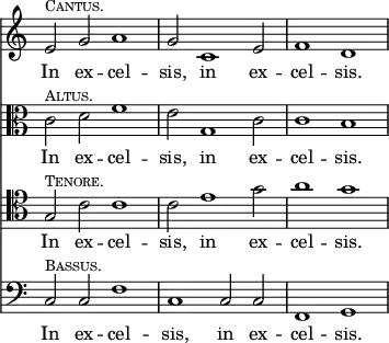 { << \new Staff \relative e' { \override Score.TimeSignature #'stencil = ##f \time 4/2
e2^\markup \small \caps "Cantus." g a1 | g2 c,1 e2 | f1 d }
\addlyrics { In ex -- cel -- sis, in ex -- cel -- sis. }
\new Staff \relative c' { \clef alto
c2^\markup \small \caps "Altus." d f1 | e2 g,1 c2 | c1 b }
\addlyrics { In ex -- cel -- sis, in ex -- cel -- sis. }
\new Staff \relative g { \clef tenor
g2^\markup \small \caps "Tenore." c c1 | c2 e1 g2 | a1 g }
\addlyrics { In ex -- cel -- sis, in ex -- cel -- sis. }
\new Staff \relative c { \clef bass
c2^\markup \small \caps "Bassus." c f1 | c c2 c | f,1 g }
\addlyrics { In ex -- cel -- sis, in ex -- cel -- sis. } >> }