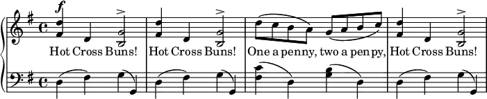 \new PianoStaff << \override Score.BarNumber #'transparent = ##t \relative c''
\new Staff << { \key g \major \dynamicUp
<d fis,>4\f d, <g b,>2^\accent | <d' fis,>4 d, <g b,>2^\accent |d'8\( c b a\) g\(a b c\) |<d fis,>4 d, <g b,>2^\accent|
}
\addlyrics { Hot Cross Buns! Hot Cross Buns! One a pen -- ny, two a pen -- py, Hot Cross Buns!
} >>
\new Staff { \clef bass \key g \major
d4 (fis) g (g,) | d4 (fis) g (g,) | <fis c'>(d) <b g>(d) |d4 (fis) g (g,)
}
>>
