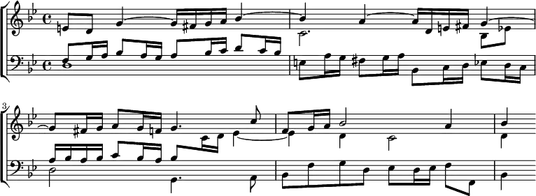 \new ChoirStaff <<
\new Staff = "up" { \key g \minor \time 4/4
\new Voice \relative e' { \stemUp
e8 d g4 ^~ g16 fis g a bes4 ^~ | bes a ^~ a16 d, e fis g4 ^~ |
g8 fis16 g a8 g16 f g4. c8 | f, g16 a bes2 a4 | bes } }
\new Staff = "down" { \key g \minor \clef bass <<
\new Voice \relative f { \stemUp
f8 g16 a bes8 a16 g a8 bes16 c d8 c16 bes | \change Staff = "up"
\stemDown c2. bes8 ees! | \change Staff = "down" \stemUp
a,16 bes a bes c8 bes16 a bes8 \change Staff = "up" \stemDown
c16 d ees4 _~ | ees d c2 | d4 }
\new Voice \relative d { \stemDown
d1 | e8 a16 g fis8 g16 a bes,8 c16 d ees8 d16 c |
d2 g,4. a8 | bes f' g d ees d16 ees f8 f, | bes4 } >> } >>