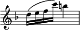 { \relative d'' { \time 2/4 \override Score.TimeSignature #'stencil = ##f \key d \minor
d16( e f c') b4 } }