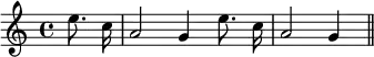 { \new Staff \relative c'' { \key c \major \time 4/4 \partial 4 \autoBeamOff e8. c16 | a2 g4 e'8. c16 | a2 g4 \bar "||" } }