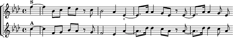 \new ChoirStaff <<
\new Staff \relative f'' { \key f \minor \time 4/4 \partial 4
f4^\markup \bold "S" ~ | f bes,8 c ees des r c |
bes2 aes4 ees_"*" ~ | ees8. aes16 aes4 g8 ees r ees ~ |
ees8. aes16 aes4 g8 ees }
\new Staff \relative c'' { \key f \minor
c4^\markup \bold "A" ~ | c f,8 g bes aes r g |
f2 ees4 aes ~ | aes8. des16 des4 c8 aes r aes ~ |
aes8. des16 des4 c8 aes } >>