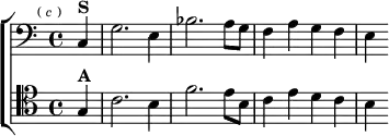 \new ChoirStaff <<
\new Staff \relative c { \clef bass \key c \major \time 4/4 \partial 4 \mark \markup \tiny { ( \italic c ) }
c4^\markup \bold "S" | g'2. e4 | bes'2. a8 g | f4 a g f | e }
\new Staff \relative g { \clef tenor \key c \major
g4^\markup \bold "A" | c2. b4 | f'2. e8 b | c4 e d c | b } >>