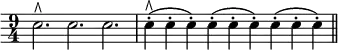 { \time 9/4 \override Score.Clef #'stencil = ##f \clef bass
e2.^\rtoe e e | e4-.(^\rtoe e-. e-.) e-.( e-. e-.) e-.( e-. e-.) \bar "||" }