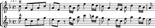 \new ChoirStaff <<
\new Staff \relative c'' { \key f \major \time 4/4 \partial 8*5 \mark \markup \tiny { ( \italic b ) }
c8^\markup \bold "S" a f a c | a f r c'16 a d8 f4 e16 d |
c8 a4 g16 f bes8 d4 c16 bes | a8 }
\new Staff \relative g'' { \key f \major
g8^\markup \bold "A" e c e g | e c r g'16 e a8 c4 b16 a |
g8 e4 d16 c f8 a4 g16 f | e8 } >>