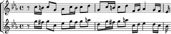\new ChoirStaff <<
\new Staff \relative c'' { \key c \minor \time 4/4
r8 c16 b c8 g aes c16 b c8 d |
g,8 c16 b c8 d f,16 g aes4 g16 f | ees }
\new Staff \relative g'' { \key c \minor
r8 g16 fis g8 c, ees g16 fis g8 a |
d, g16 fis g8 a c,16 d ees4 d16 c | bes } >>