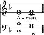 <<
\new Staff { \clef treble \time 4/2 \key f \major \set Staff.midiInstrument = "church organ" \omit Staff.TimeSignature
\relative c' { << { f1 f \bar"||" } \\ { d c} >> } }
\new Lyrics \lyricmode { A -- men. }
\new Staff { \clef bass \key f \major \set Staff.midiInstrument = "church organ" \omit Staff.TimeSignature
\relative c' { << { bes1 a } \\ { bes,1 f' } \\ \tiny { s1 f, } >> } }
>>
\layout { indent = #0 }
\midi { \tempo 2 = 80 }
