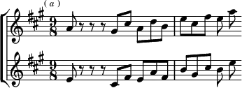 \new ChoirStaff <<
\new Staff \relative a' { \key a \major \time 9/8 \mark \markup \tiny { ( \italic a ) }
a8 r r r gis cis a d b | e cis fis e a }
\new Staff \relative e' { \key a \major
e8 r r r cis fis e a fis | b gis cis b e } >>