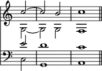 { << \new Staff \with {midiInstrument = #"church organ"} << \override Score.TimeSignature #'stencil = ##f \time 4/4 \partial 2 \relative c'' { c2 ~ c b c1 \bar "||" } \\ { g2 ~ g g f1 } >>
\new Staff \with {midiInstrument = #"church organ"} { \clef bass \relative e' << { e2 d1 c } \\ { c,2 g1 a } >> } >> }