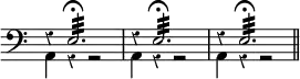 { \new Staff << \time 4/4 \override Score.TimeSignature #'stencil = ##f \override Score.Rest #'style = #'classical \clef bass
\new Voice { \stemUp
\repeat unfold 3 { r4 e2.:32\fermata } \bar "||" }
\new Voice { \stemDown
\repeat unfold 3 { a,4 r r2 } } >> }