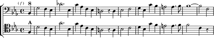 \layout {
\context { \Score \remove "Timing_translator" \remove "Default_bar_line_engraver" }
\context { \Staff \consists "Timing_translator" \consists "Default_bar_line_engraver" } }
\header { tagline = ##f }
\score { \new ChoirStaff << \override Score.Rest #'style = #'classical
\new Staff \relative b, { \clef bass \key ees \major \time 4/4 \partial 4 \mark \markup \tiny { ( \italic f ) }
bes4^\markup \bold "S" | g'2 f4 ees | des'2. ees,4 |
c' aes f ees | d!2 r4 d | ees2 f |
g4 ees c' bes | a2 a4. bes8 | bes1 ~ | bes2 f }
\new Staff \relative f { \clef tenor \key ees \major \partial 4
f4^\markup \bold "A" | d'2 c4 bes | aes'2. bes,4 |
g' ees c bes | a2 r4 a4 | bes2 c |
d4 bes g' f | e2 e4. f8 | f2*2/1 \bar "" c4*2/1 r } >> }
