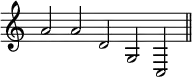 { \override Score.TimeSignature #'stencil = ##f \time 6/2
a'2 a' d' g c \bar "||" }