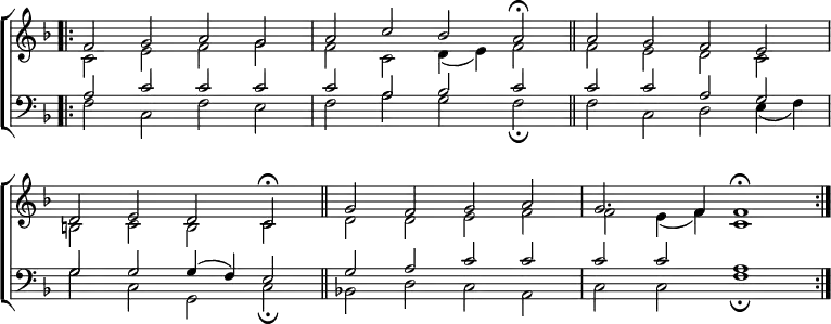 \new ChoirStaff <<
\new Staff { \clef treble \time 4/2 \key f \major \set Staff.midiInstrument = "church organ" \omit Staff.TimeSignature \set Score.tempoHideNote = ##t \override Score.BarNumber #'transparent = ##t
\relative c'
<< { \bar".|:" f2 g a g | a c bes a \fermata \bar"||" a g f e \break
d e d c \fermata \bar"||" g' f g a | g2. f4 f1 \fermata \bar":|." } \\
{ c2 e f g | f c d4( e) f2 | f e d c |
b c b c | d d e f | f e4( f) c1 } >>
}
\new Staff { \clef bass \key f \major \set Staff.midiInstrument = "church organ" \omit Staff.TimeSignature \override Staff.NoteHead.style = #'altdefault
\relative c'
<< { a2 c c c | c a bes c | c c a g |
g g g4( f) e2 | g a c c | c c a1 } \\
{ f2 c f e | f a g f \fermata | f c d e4( f) |
g2 c, g c \fermata | bes! d c a | c c f1 \fermata } >>
}
>>
\layout { indent = #0 }
\midi { \tempo 2 = 50 }