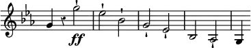{ \relative g' { \key ees \major \time 4/4 \override Score.Rest #'style = #'classical \override Score.TimeSignature #'stencil = ##f
  g4 r g'2-!\ff | ees-! bes-! | g-! ees-! | bes aes-! \time 3/4 g4 } }