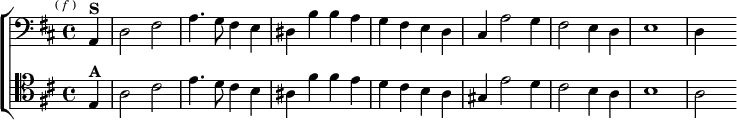 \new ChoirStaff <<
\new Staff \relative a, { \clef bass \key d \major \time 4/4 \partial 4 \mark \markup \tiny { ( \italic f ) }
a4^\markup \bold "S" | d2 fis | a4. g8 fis 4 e |
dis b' b a | g fis e d | cis a'2 g4 fis2 e4 d | e1 d4 s }
\new Staff \relative e { \clef tenor \key d \major
e4^\markup \bold "A" | a2 cis | e4. d8 cis4 b |
ais fis' fis e | d cis b a | gis e'2 d4 |
cis2 b4 a | b1 | a2 } >>