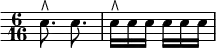 { \time 6/16 \override Score.Clef #'stencil = ##f \clef bass
e8.^\rtoe e | e16^\rtoe e e e e e }