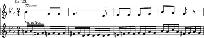 { << \new Staff \relative b' { \key ees \major \time 2/4 \mark \markup \small "Ex. 22."
bes4^\markup \small \italic "Theme." g8 g | g4. ees8 |
f f f g | bes aes g r }
\new Staff \relative a' { \key ees \major
a16^\markup \small \italic "Variation." bes fis g f g f g |
fis g d ees d ees d ees |
e f! g f g f aes g | bes aes c aes fis g aes g } >> }